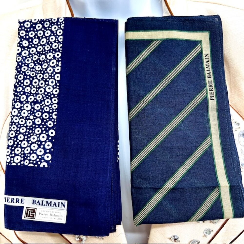 New  set of 2 Pierre Balmain  handkerchiefs cotton 18" blue  white dot stripe(66